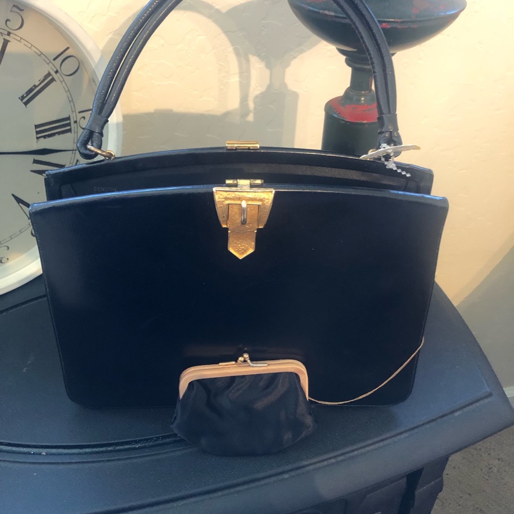 Vintage black leather buckle clasp purse